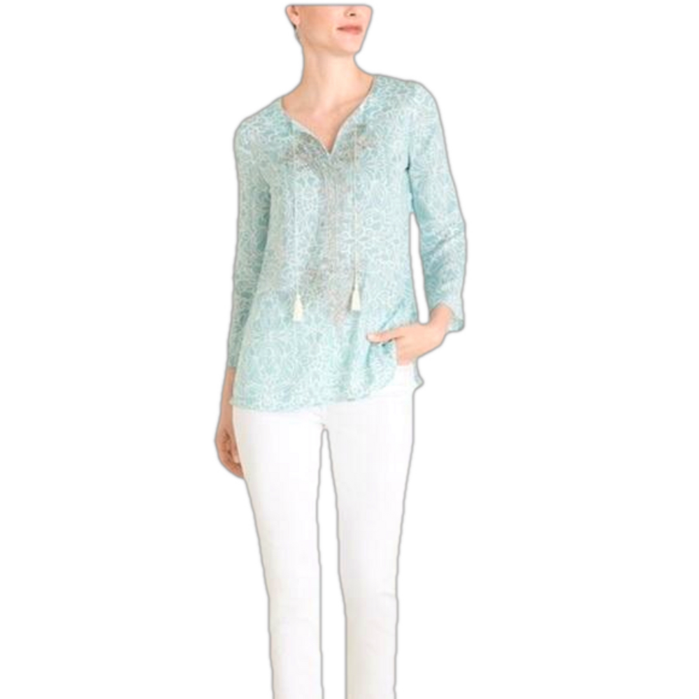 Chicos split neck mirrored scroll aqua haze resort top sz 1P NWT $99